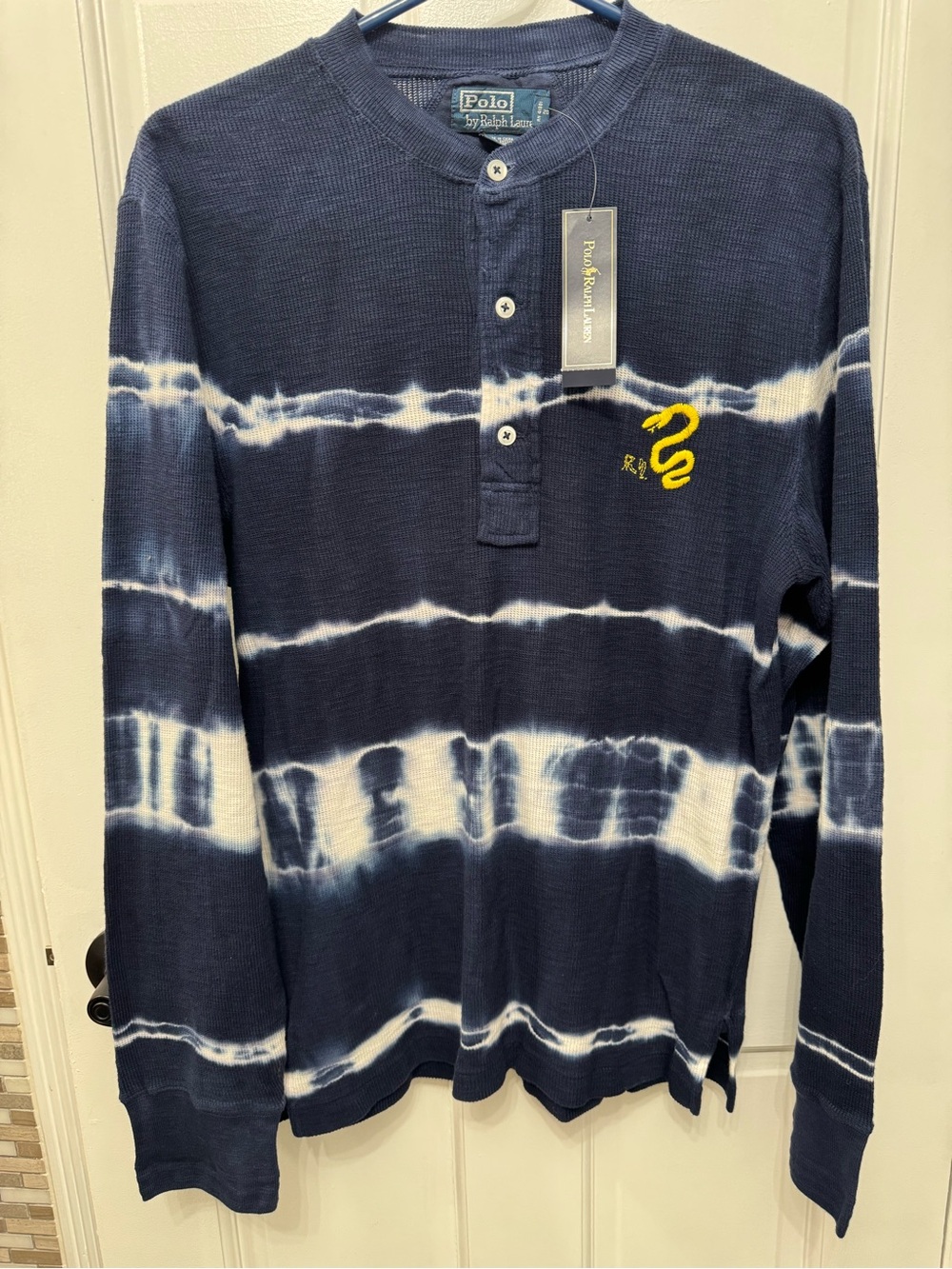Ralph Lauren Navy and White Tie-Dye Henley Long Sleeve Shirt